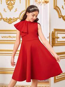 SHEIN Váy dài vừa vặn dễ thương dành cho bé gái tuổi teen với viền bèo nhún, cổ đứng và thiết kế không tay theo phong cách cung điện - Đỏ - Xem 3