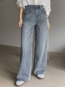 Dazy-Less Wide Leg Denim Jeans Old Money Style Business Casual Woman Work Clothes - Light Wash - View 4