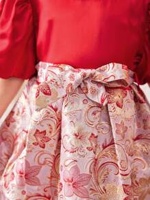 SHEIN Robe d'été à manches ballon pour jeunes filles nouveau style européen vintage avec robe plissée de style cour pour tout-petits - Rouge foncé - Voir 3
