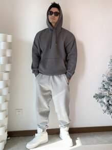 DAZY Men Kangaroo Pocket Drop Shoulder Drawstring Hoodie Without Tee - Dark Grey - View 5