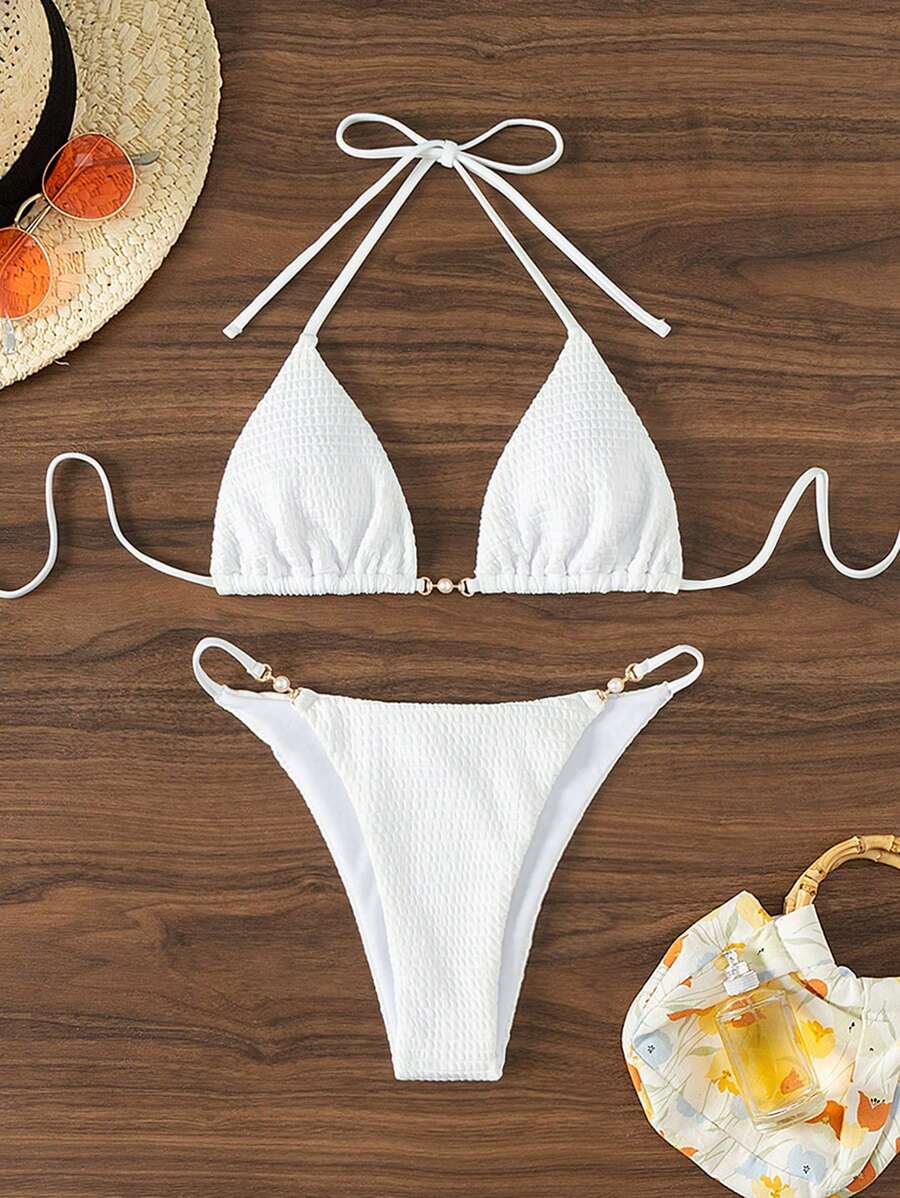 Swim Basics Halter Textured Bikini Set, Summer Beach - White - View 1