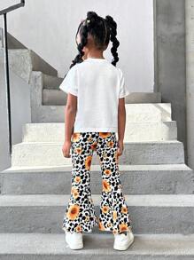 SHEIN Young Girl's Sunflower & Cow Pattern Fringe Hem Short Sleeve Top And Flared Pants Two Pieces Set For Summer - Pink - View 2