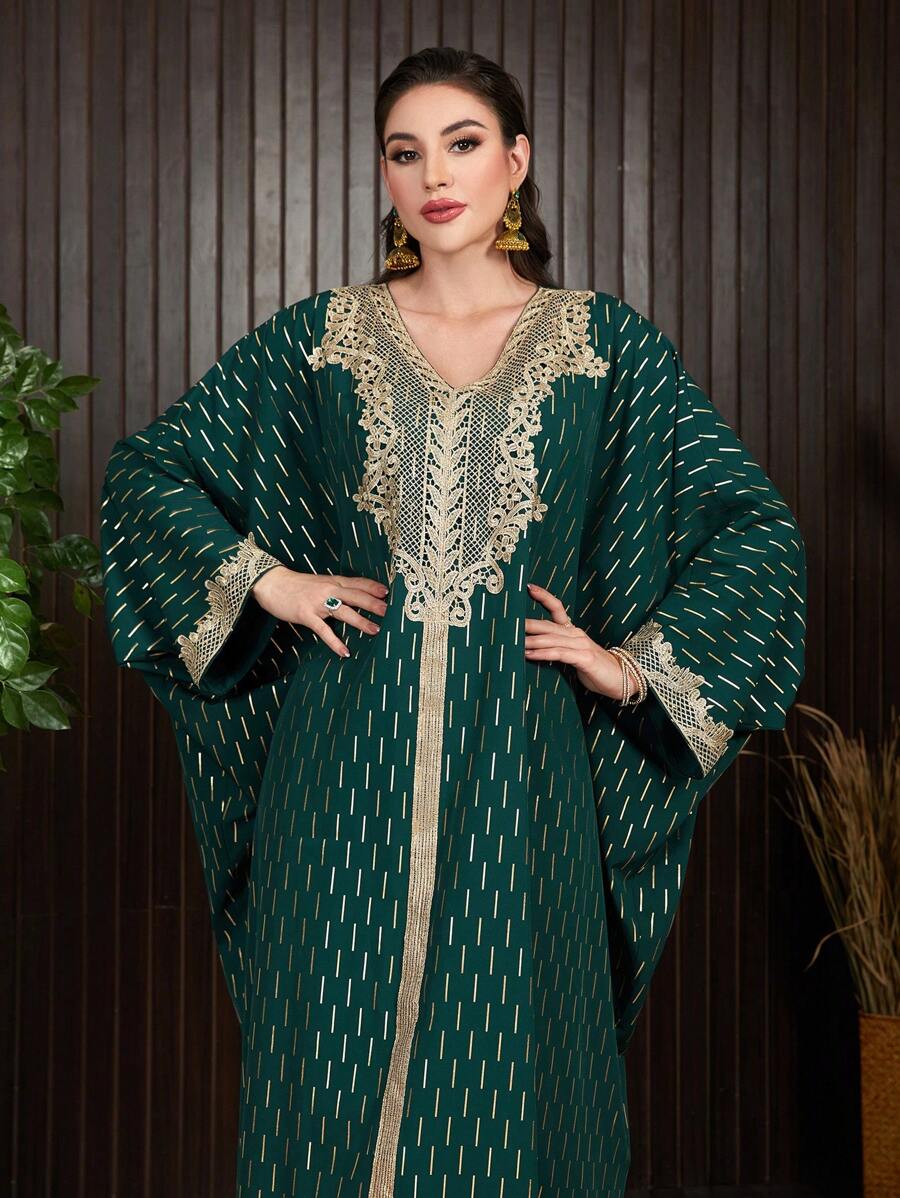 Al Najma Ladies' Turkish Long Shirt With Patchwork Woven Ribbon And Hot Stamping Batwing Sleeves Kaftan Jalabiya Dress - Dark Green - View 1