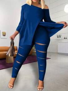 2pcs Set Plus Size Women Asymmetrical Neck Top With Split Hem And Distressed Pants - Blue - View 1