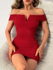 Firerie 露肩 V 領透明緊身迷你連身裙 - 紅色 - 查看 3