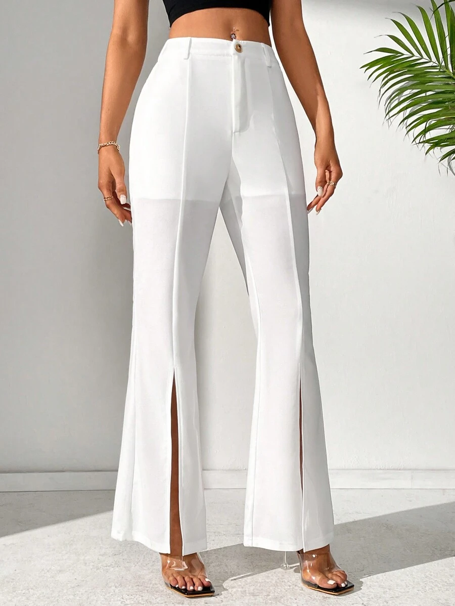 SHEIN Tall 女士實色長褲,褲口分叉設計 - 白色 - 查看 1