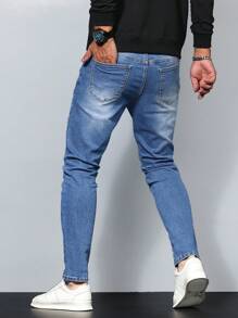 Manfinity Homme 男士修身水洗休闲牛仔裤，纯色深蓝色修身长款深色水洗牛仔裤工装牛仔裤，适合送给老公、男朋友的礼物 - 中等水洗藍 - 查看 2