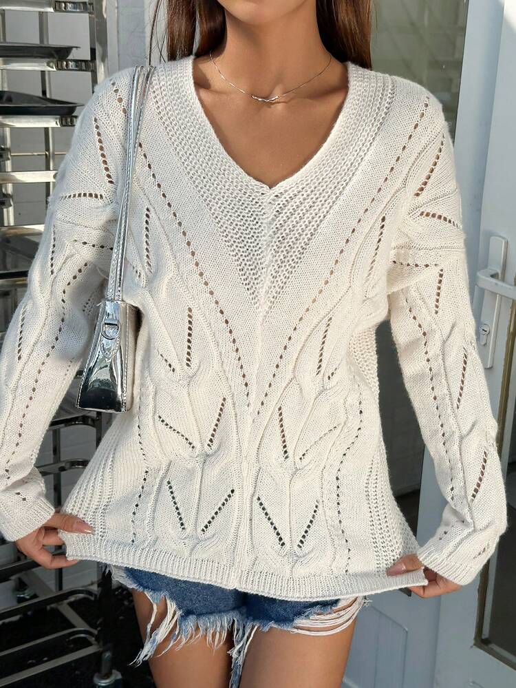 Ladies' Solid Color V-Neck Long Sleeve Hollow Out Pullover Knit Pullover Fall Winter Sweater