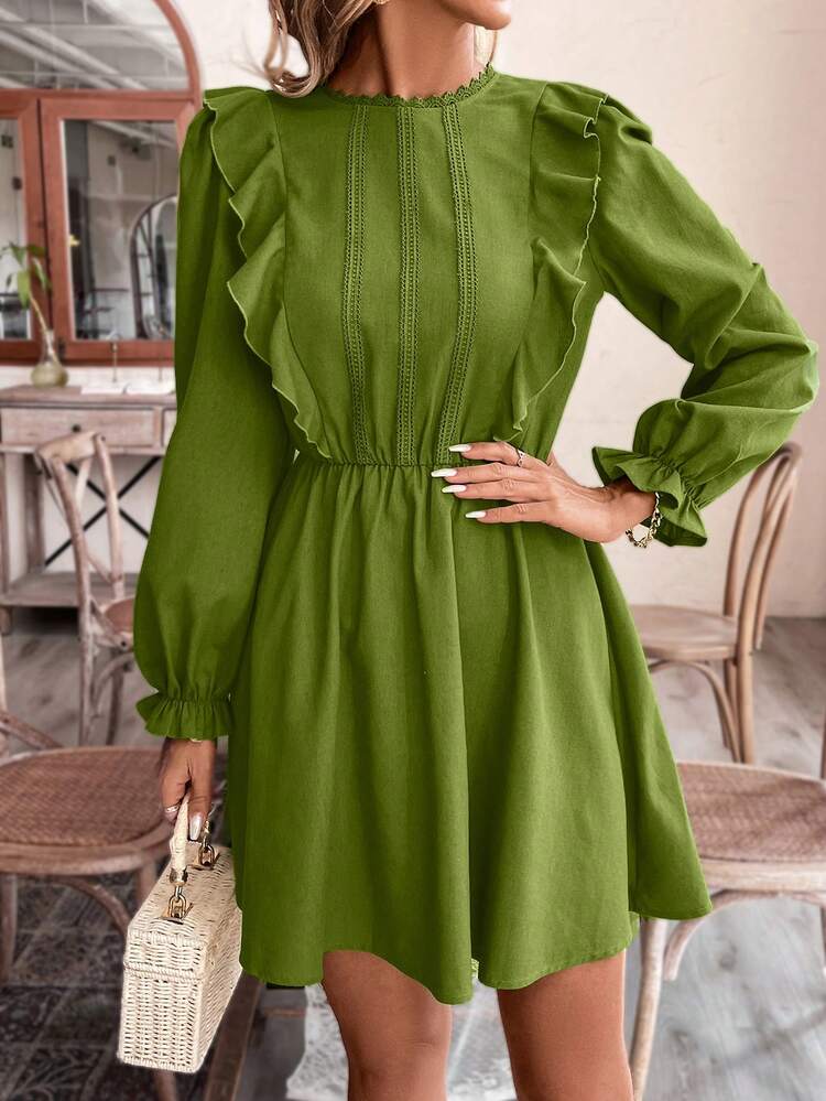Women'S Patchwork Ruffle Hem Long Sleeve Dress