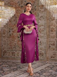 Modelyn Ladies' Gorgeous & Elegant Flared Cuff Bell-Sleeve Dress - Rose Red - View 3