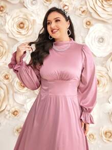 Modelyn 1 pieza Vestido de noche de talla grande con cuello de embudo y mangas con volantes - Rosa vieja - Ver 5