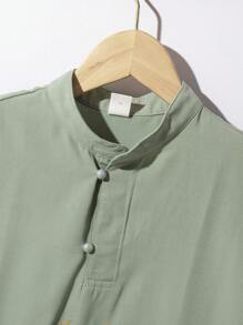 SHEIN 青少年男孩休闲立领短袖衬衫和短裤套装（中国风） - 綠色 - 查看 5