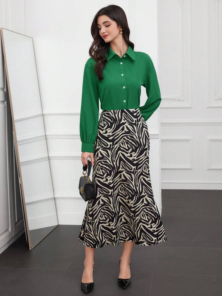 Women's Solid Color Shirt And Printed Mermaid Skirt Two-Piece Set