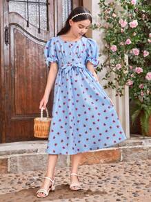SHEIN Tween Girls' Sweetheart Collar, Puff Sleeve, Decorative Button, Ditsy Floral Printed Dress