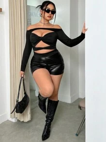 SHEIN ICON Plus Size Off Vai Knot & Chi tiết khoét rỗng Áo lò xo màu đen - màu đen - Xem 6