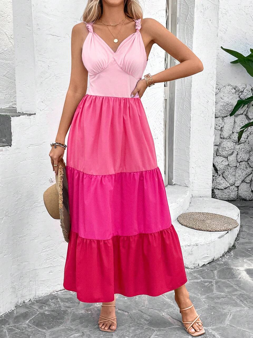 Women's V-Neck Spaghetti Strap Multi-Layered Dress