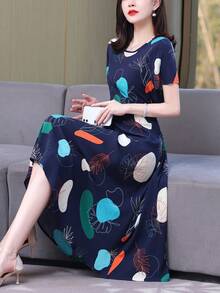 新款花卉印花圆领宽松夏季女式短袖连衣裙 - 藍色 - 查看 3