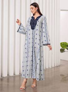 Al Najma 幾何圖案拼接蕾絲連衣裙 - 藍色 - 查看 7