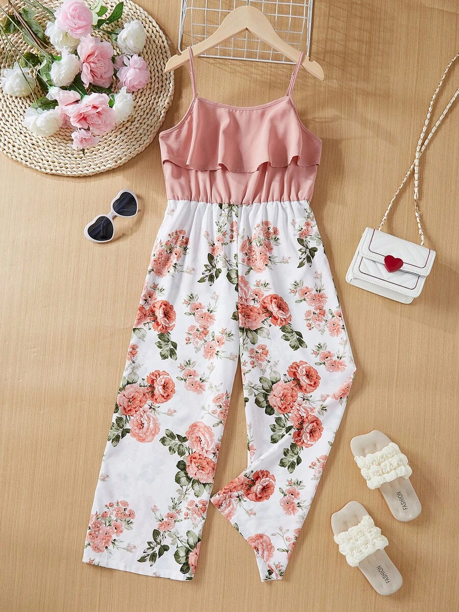 SHEIN Bộ áo liền quần không tay cho bé gái Tween với quần nhún bèo phía trước và in hoa - Nhiều màu - Xem 1