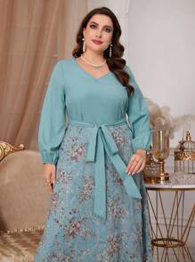 Modelyn Plus Size Random Floral Print Lantern Sleeve Belted Dress - Mint Green - View 3