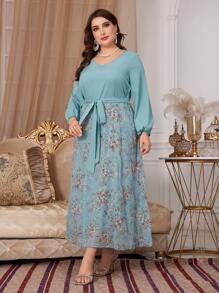 Modelyn Plus Size Random Floral Print Lantern Sleeve Belted Dress - Mint Green - View 4