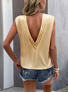 Breezaya Women's Short Sleeve V-Neck T-Shirt With Front And Back Overlay - Gold - View 2