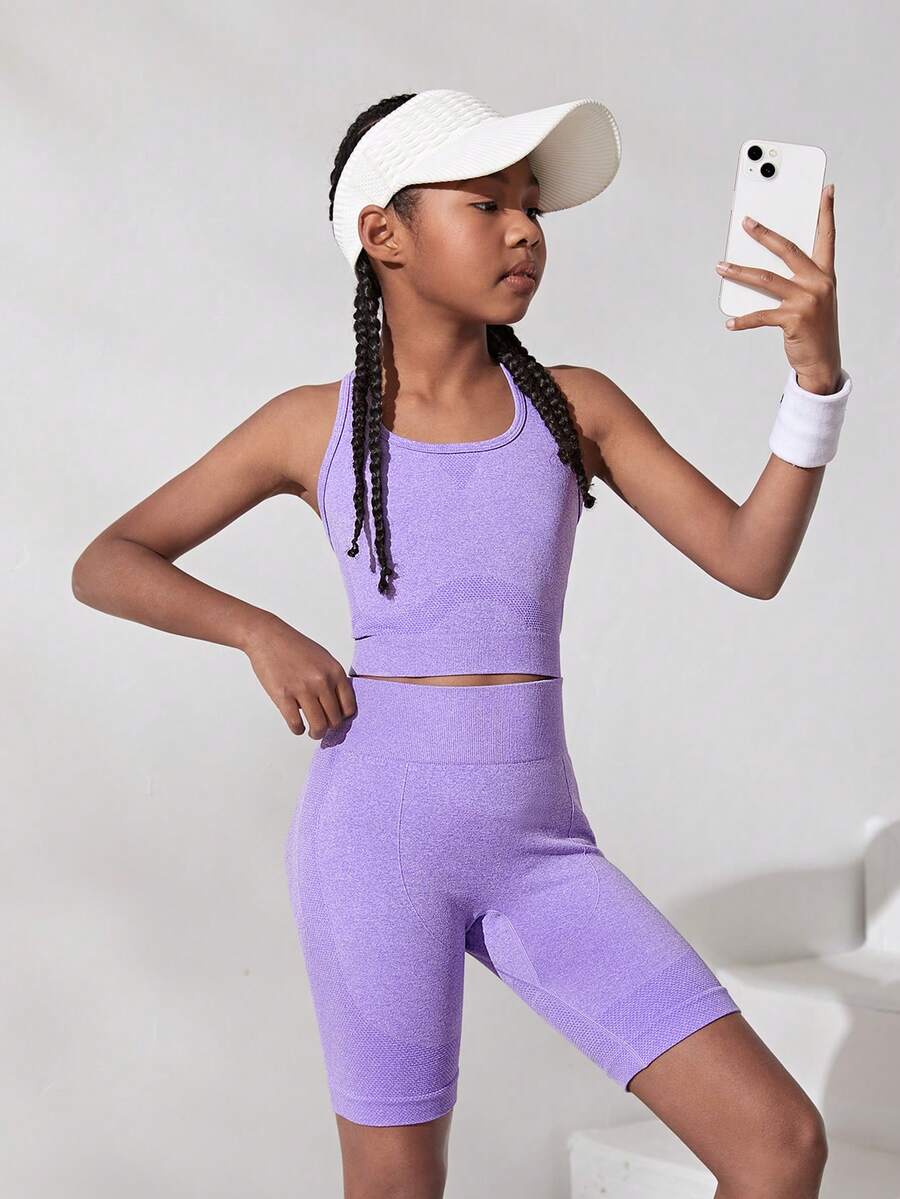 SHEIN 女青少年縫合針織提花賽車背心和短褲套裝 - 彩色 - 查看 1