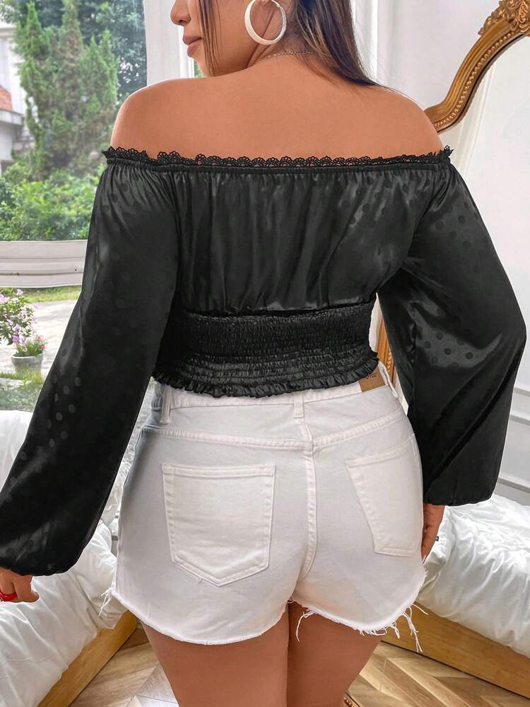 Plus Off Shoulder Lantern Sleeve Tie Front Shirred Hem Blouse