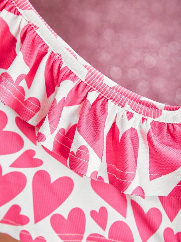 Young Girl Heart Print One Shoulder Top & Letter Graphic Flare Leg Pants