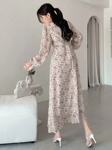 DAZY 女士灯笼袖迷你碎花连衣裙，荷叶边，秋季长袖连衣裙，度假装扮 - 白色 - 查看 2