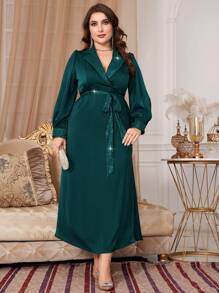 Modelyn 大尺碼翻領腰帶亮片裝飾連身裙 - 墨綠色 - 查看 3