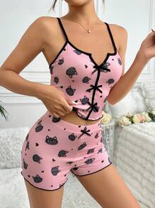 Conjunto De Pijama Para Mujeres Con Estampado De Gato - Rosa - Ver 5