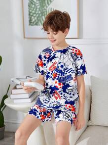 SHEIN Leap Crew Cậu bé Tween Giải trí Bóng đá Mẫu Vòng cổ Ngắn tay Áo thun Và Quần short Nhà  Mặc 2 Miếng Bộ - Xanh và trắng - Xem 4