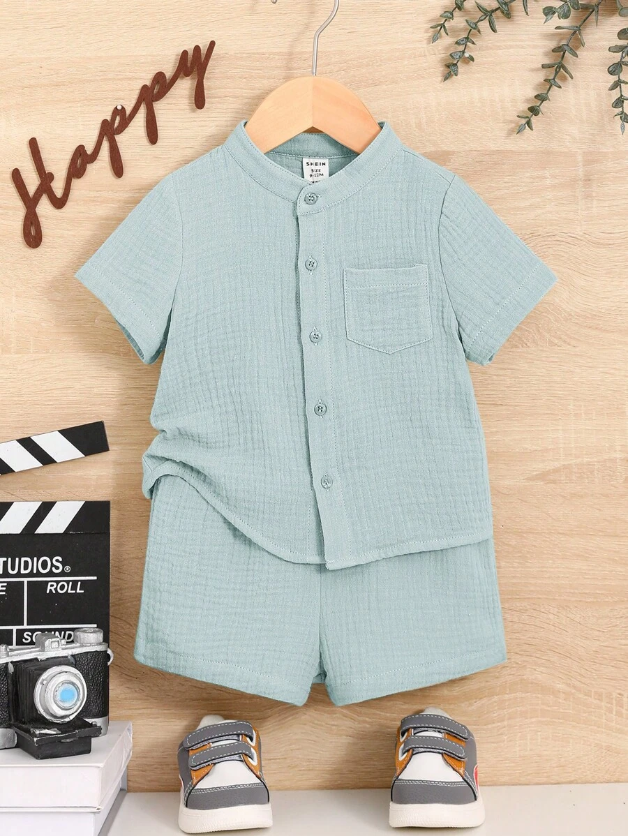 SHEIN Đứa bé trai Giải trí Thoải mái Áo sơ mi & Quần short Màu thuần - màu xanh lá - Xem 1