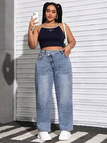 SHEIN EZwear 大尺碼牛仔緊身褲,具有口袋和踏步式腰身設計 - 中等水洗藍 - 查看 4