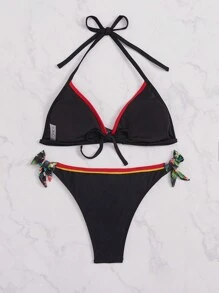 SHEIN Swim Bộ bikini dây buộc cổ in hình cây nhiệt đới đi biển mùa hè - Nhiều màu - Xem 2