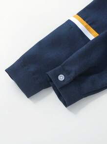 SHEIN 男童條紋刺繡衬衫,織帶細節 - 藏蓝色 - 查看 4