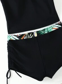 SHEIN Swim 夏季海灘熱帶植物印花無袖坦克泳衣上衣和束腰游泳褲坦克泳衣套裝 - 黑色 - 查看 5