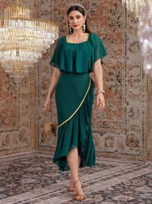 Modelyn Váy cổ vuông viền bất đối xứng cho nữ, Đầm dự tiệc buổi tối thanh lịch - màu xanh lá - Xem 4