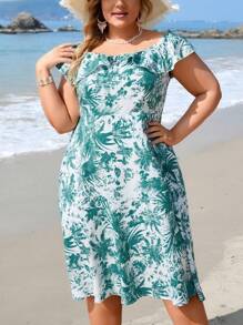 SHEIN VCAY Kích thước lớn bờ biển Giải trí Off Shoulder Màu xanh lá Cây cọ In Váy chữ A Với Viền Ruffle Và Kẹp chặt Eo - Nhiều màu - Xem 3