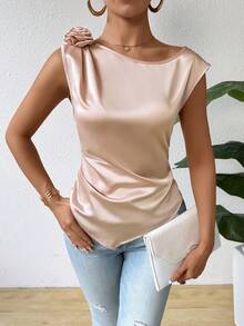 Chiquease 女式無袖襯衫,配有3d花卉裝飾 - 杏色 - 查看 4