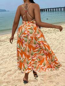 SHEIN Holidaya 女款大尺寸全印花 V 領腰掛脖連身裙