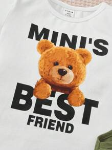 SHEIN Baby Boy's Short Sleeve Bear Print T-Shirt, Vest Outerwear, And Shorts 3pcs/Set - Green - View 10