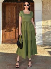 SHEIN Essnce Women's Summer Casual Holiday Travel Square Neck Short Sleeve Dress - Green - View 1