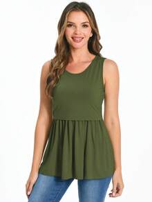 Solid Color Maternity Nursing Clothes Round Neck Ruffle Hem Tank Top - Multicolor - View 3