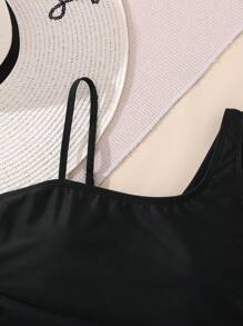 SHEIN Teenage Girls' Solid Color One-Piece Swimsuit With Asymmetrical Neckline, Cap Sleeves And Pleated Design