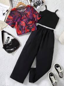 SHEIN 少女紮染 T 卹純色吊帶背心直筒褲套裝 - 黑色 - 查看 1