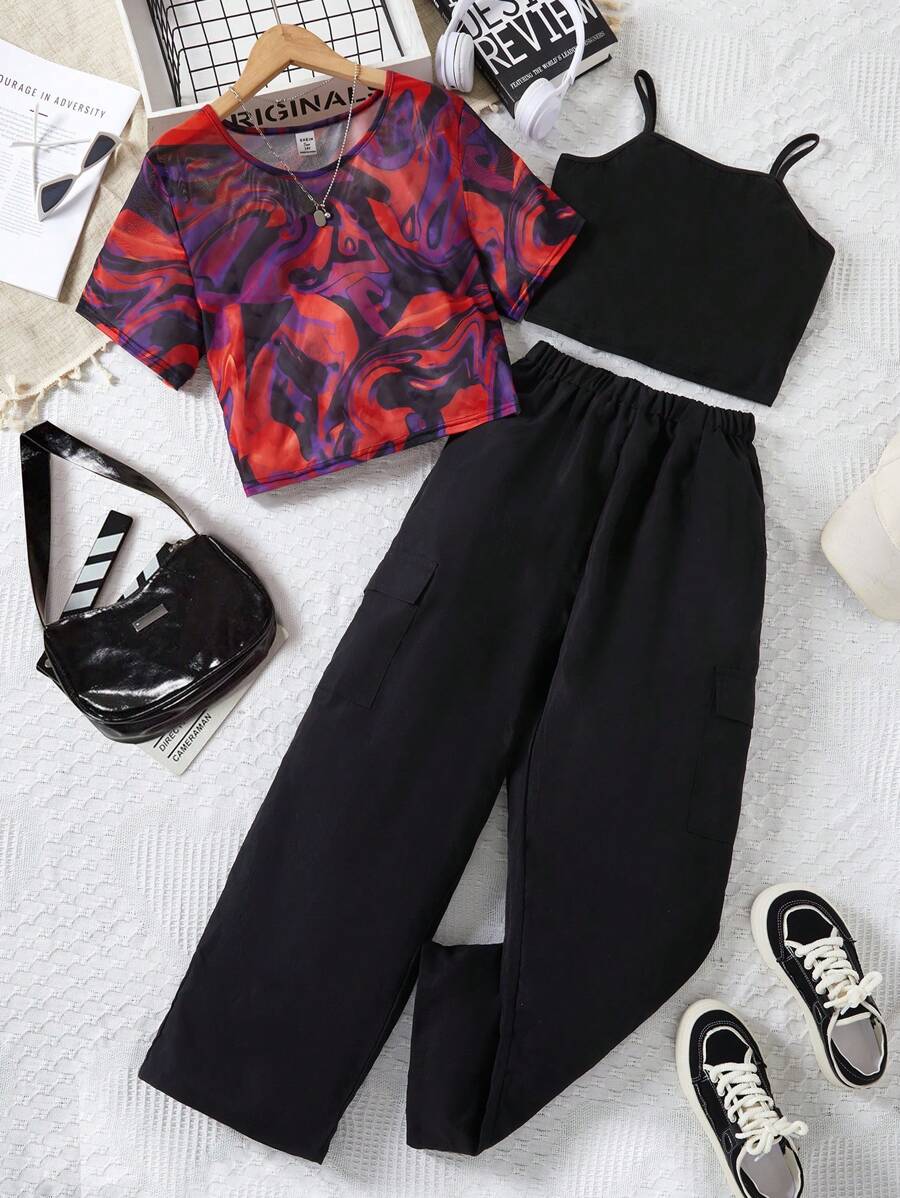 SHEIN 少女紮染 T 卹純色吊帶背心直筒褲套裝 - 黑色 - 查看 1