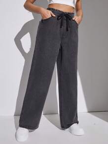 Cô Gái Tuổi Teen Dây Rút Cao Cấp Nghiêng Túi Dáng Rộng Mùa Hè Quần Jean Ống Rộng Quần Denim Màu Xám Giặt Quần Jean Baggy - màu đen - Xem 5