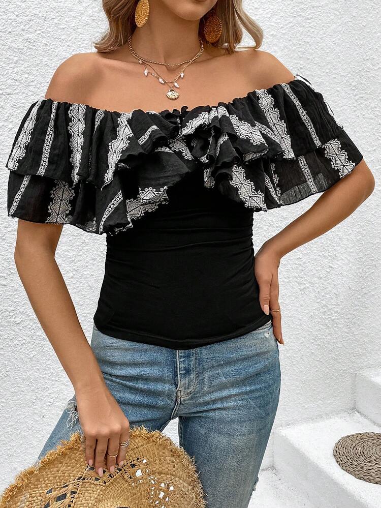 Women's Off Shoulder Geometric Printed Blouse With Ruffled Hem
